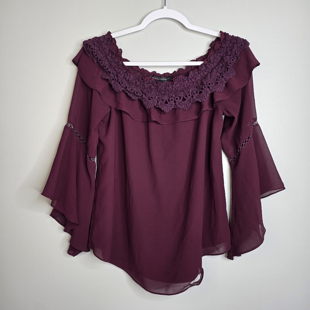 White House Black Market Plum Lace Ruffle Off-Shoulder Blouse